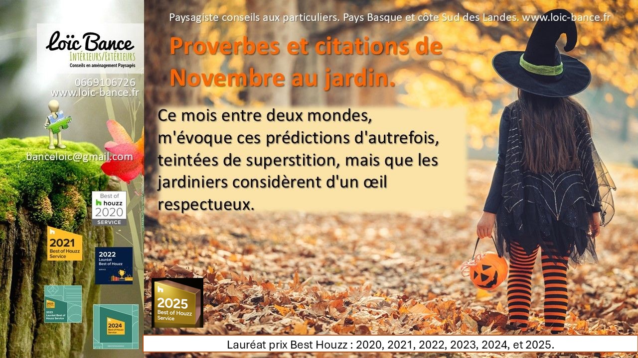 Novembre; Proverbes; Dictons; Dires des anciens; Jardins; croyances; Jardins d'ornements; Jardins potagers; Jardins fruitiers; Vergers; Jardiniers; Radio; Jardins d'ici; Paysages; Amnagements paysagers; Landes; Paysagiste Landes; Pays Basque; Paysagiste Pays Basque; Concepteur de jardins; Ahetze; Paysagiste Ahetze; Anglet; Paysagiste Anglet; Arbonne; Paysagiste Arbonne; Arcangues; Paysagiste Arcangues; Bayonne; Paysagiste Bayonne; Biarritz; Paysagiste Biarritz; Capbreton; Paysagiste Capbreton; Guthary; Paysagiste Guthary; Hossegor; Paysagiste Hossegor; Saint Jean de Luz; Paysagiste Saint Jean de Luz; Seignosse; Paysagiste Seignosse; Tosse; Paysagiste Tosse; Dax; Paysagiste Dax; Mont de Marsan 40000; Paysagiste Mont de Marsan; 
